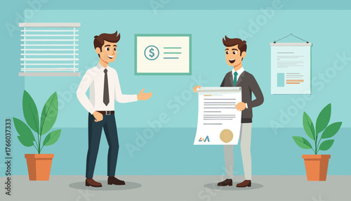Two businessmen in an office setting, one presenting a document with a dollar sign and seal, symbolizing standardization and certification, while the other gestures, representing compliance and