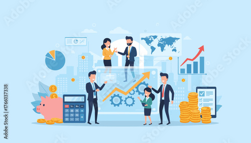 Successful business development concept with diverse team collaborating around financial charts, piggy bank, calculator, and stacks of coins, symbolizing growth and prosperity in a modern cityscape.