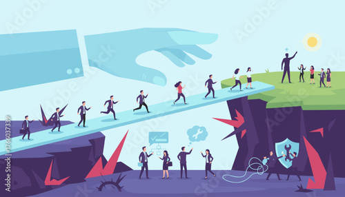 Giant supportive hand guides diverse business people across a dangerous chasm on a narrow bridge, symbolizing mentorship, teamwork, and overcoming challenges towards success and a bright future.