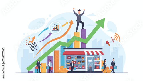Vibrant illustration depicting a successful small business entrepreneur celebrating growth and profit, with rising charts, shopping carts, and happy customers outside a retail store, symbolizing
