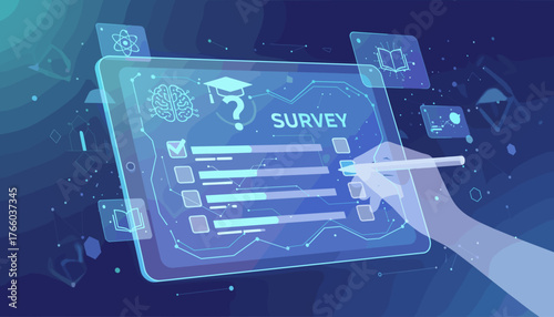 Futuristic digital survey form concept displayed on a tablet screen with a hand holding a stylus, featuring checkboxes, progress bars, and educational icons like a brain, atom, and graduation cap