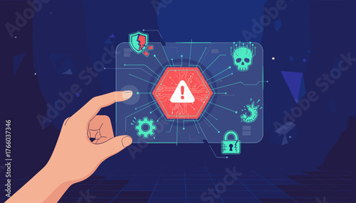 Digital cyber security warning alert on a virtual interface, with a hand interacting with the screen, featuring icons for threat detection, data breach, lock, skull, and gears, set against a
