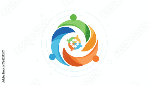 Abstract modern symbol of teamwork and cooperation, representing partnership and unity with colorful swirling elements and interconnected figures, symbolizing collaboration and community in a dynamic