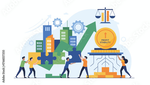 Teamwork and development drive profit stability for business growth, illustrated with puzzle pieces, upward trending arrow, cityscape, gears, and a coin symbolizing financial success and balance