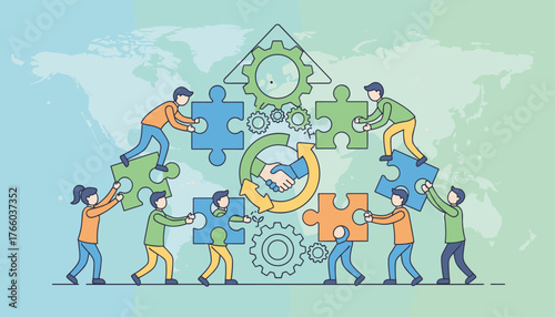 Diverse team of people collaborating to assemble a large puzzle, symbolizing teamwork, partnership, and shared goals, with gears and a handshake graphic representing business strategy and success on