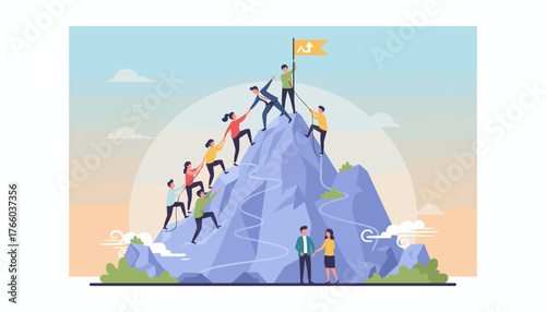 Vivid illustration of a diverse team of people climbing a steep mountain together, helping each other reach the summit and plant a flag, symbolizing teamwork, achievement, success, and overcoming