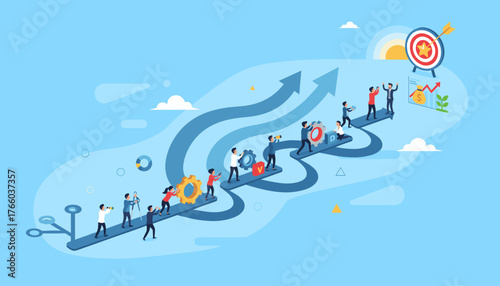 Teamwork and vision pave the path to success, with individuals collaborating, using tools, and looking towards future horizons, symbolized by gears, arrows, and a target, representing growth and