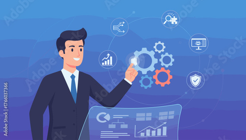 Modern businessman in a suit interacting with a futuristic holographic interface displaying gears, charts, and icons representing business processes, data analysis, security, and technology