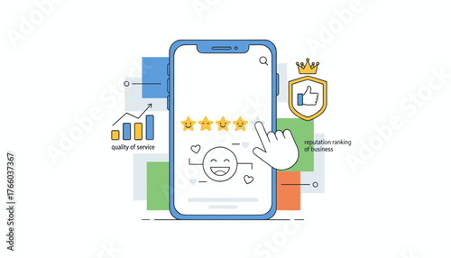 Illustrative concept of user giving a five-star rating to a service experience on a smartphone, symbolizing customer satisfaction, feedback, and reputation ranking of business with a positive