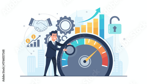 Business man in suit adjusting a speedometer, symbolizing performance and growth, with handshake, gears, financial charts, and unlocked padlock icons in the background, representing successful