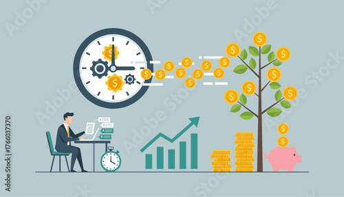 Conceptual illustration of time is money, symbolizing financial growth and effective business time management. A businessman works at a desk with a laptop and stacks of documents, while a clock with