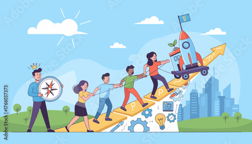 Diverse team of people working together, pulling a rocket ship on a cart up a rising arrow graph, symbolizing business growth, teamwork, innovation, and achieving success, with a compass indicating
