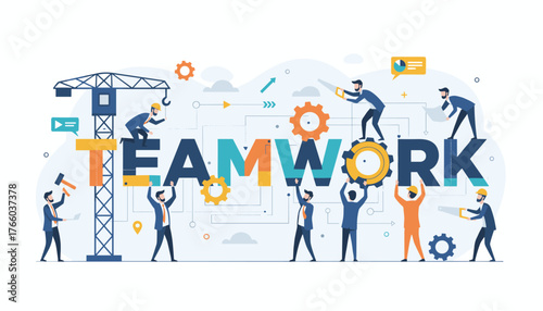 Vibrant vector illustration depicting a diverse team of businessmen collaborating to build the word TEAMWORK, symbolizing unity, cooperation, and shared goals in a modern business environment with