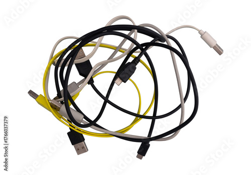Old used cables tangled, isolated against a transparent background