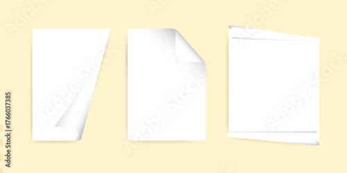 Vector illustration of curly paper page corners, folded edges, flipped paper corners on a light background
