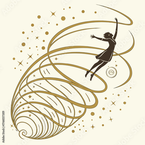 Silhouette of a woman gracefully dancing and swirling within a golden vortex of cosmic energy and sparkling stars vector illustration of an abstract background with bird