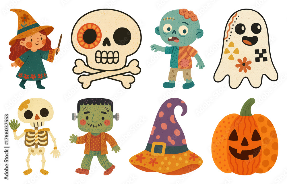 Naklejka premium Colorful Halloween cartoon characters