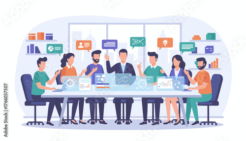 Diverse group of professionals engaged in a dynamic business meeting, collaborating around a modern conference table with holographic displays showing charts and data, fostering innovation and