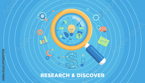3D Magnifying Glass with Light Bulb Idea and Question Mark Symbol, Representing Research, Discovery, and Innovation, Surrounded by Science and Business Icons on a Blue Background with Concentric