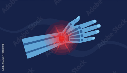 Illustration of a blue human hand and wrist with a bright red area indicating acute pain or inflammation, set against a dark blue background with subtle wavy lines, symbolizing medical discomfort and