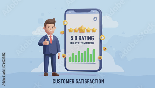 3D cartoon businessman giving a thumbs up next to a smartphone displaying a 5-star rating and positive feedback, symbolizing excellent customer satisfaction and a highly recommended service or