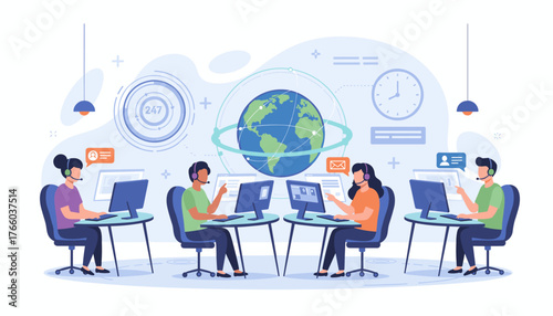 Diverse team of customer service operators wearing headsets, working in a modern call center environment with computers, a globe symbolizing global reach, and communication icons, representing 24/7
