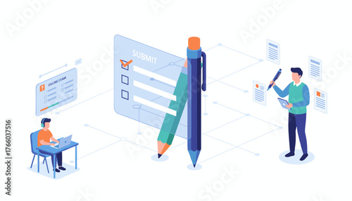 Isometric 3D illustration of a digital online exam submission process, featuring a student with headphones and laptop, a large pencil and pen interacting with a checklist form, and a person reviewing