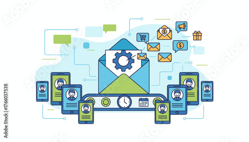 Automated email marketing concept with a conveyor belt processing messages and sending them to multiple devices, symbolizing efficient digital communication and business strategy for customer