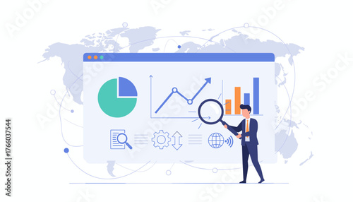 Business analytics and data visualization concept, a businessman in a suit examines charts and diagrams on a screen with a magnifying glass, representing research, analysis, and reporting with global