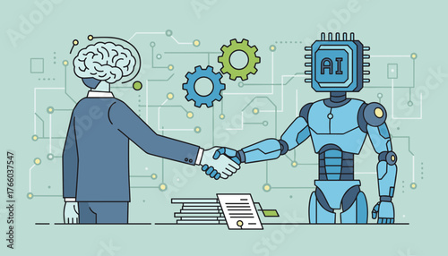 Conceptual illustration of a business partnership between a human with a brain for a head and a blue robot with an AI chip for a head, shaking hands over a stack of documents, symbolizing the