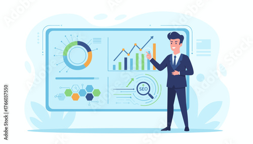 A smiling businessman in a suit presents a digital dashboard filled with analytical reports, research results, charts, graphs, and SEO data, showcasing business growth and data visualization for a