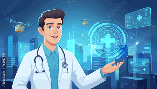 Smiling male doctor in white coat with stethoscope, presenting a futuristic digital medical network interface with glowing cross symbols and data, while drones deliver medical supplies in the