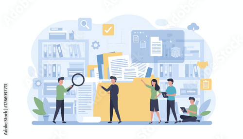 Modern flat illustration of people working with documents and data in an office setting, featuring a large yellow folder, bookshelves filled with files, and digital interfaces, symbolizing research