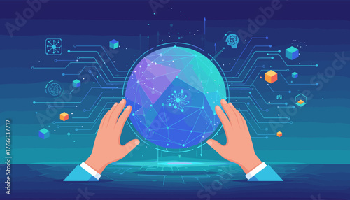 Futuristic digital transformation concept with hands interacting with a glowing abstract sphere representing global data networks and artificial intelligence, surrounded by circuits, cubes, and