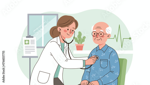 A friendly female doctor in a white coat uses a stethoscope to listen to the heart rate of an elderly male patient, who is wearing glasses and a blue patterned shirt, in a medical examination room