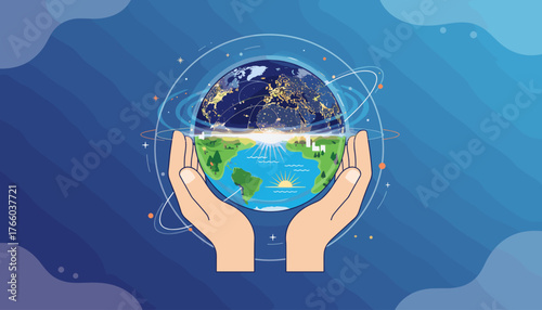 Hands cradle the Earth, showcasing a split view: one half depicts the vibrant, illuminated cityscape at night, while the other half reveals a lush green landscape with a radiant sunrise over the