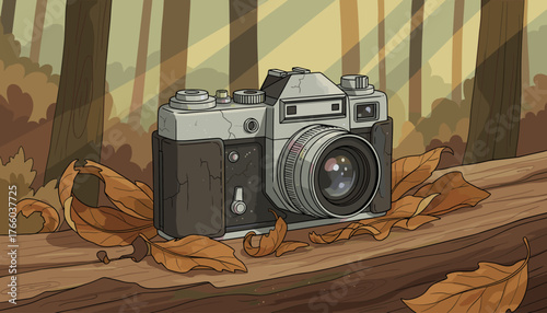 A dusty, vintage film camera rests on a weathered wooden log, surrounded by fallen autumn leaves, with soft sunlight filtering through the trees in the background, evoking a sense of nostalgia and