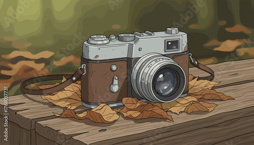 A charmingly dusty, vintage film camera rests on a weathered wooden surface, surrounded by a scattering of dry, fallen autumn leaves, evoking a sense of nostalgia and the beauty of the fall season.