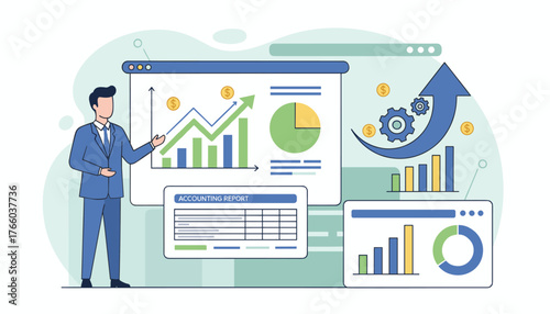 Modern flat illustration of a businessman presenting financial data, investment charts, graphs, and accounting reports, symbolizing business growth, analysis, and economic progress with upward trends