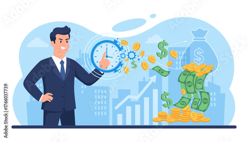 Financial concept illustration of a businessman interacting with a clock mechanism, symbolizing time management and efficiency, with money flowing into a bag and stacks of coins, representing