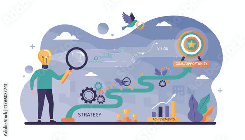 Conceptual illustration of business strategy and achievements, featuring a person with a lightbulb head holding a magnifying glass, gears, a winding path, trophies, a target representing goals and