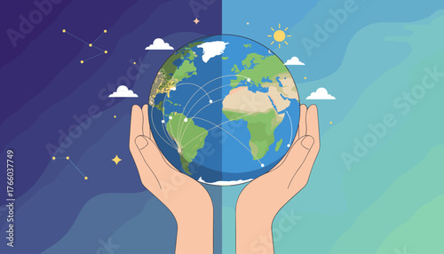 Conceptual illustration of hands cradling planet Earth, symbolizing global connection and care, with a split background representing day and night, featuring constellations and clouds.