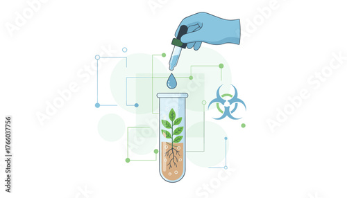 Close-up of a gloved hand holding a dropper, carefully adding a liquid sample to a test tube containing a green plant with roots, symbolizing scientific research, biotechnology, and laboratory