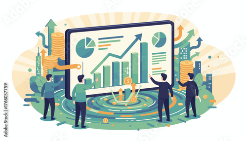 Abstract business illustration depicting financial data analysis on a large screen with charts and graphs, surrounded by stacks of coins, upward arrows, and cityscapes, symbolizing investment growth