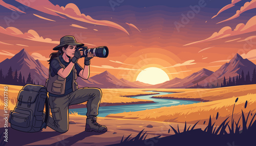 Vibrant illustration of a female photographer kneeling in a golden field, aiming her professional camera towards a breathtaking sunset over a winding river and majestic mountains, capturing the
