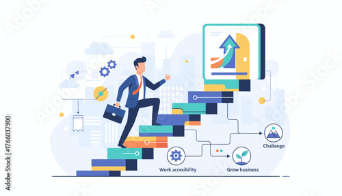 A determined businessman in a suit climbs a vibrant staircase, symbolizing career advancement and opportunity, towards a bright future with upward trending graphs and city skyline backdrop
