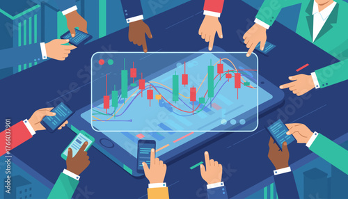 Diverse group of business professionals gathered around a table, intently analyzing stock market data displayed on a large smartphone screen, using their own mobile devices for real-time trading and