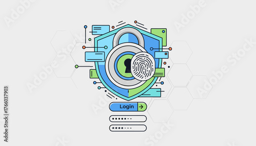 Modern flat design concept of secure login access with a fingerprint scan and a shield icon, representing digital security, data protection, and user authentication in technology and business, with