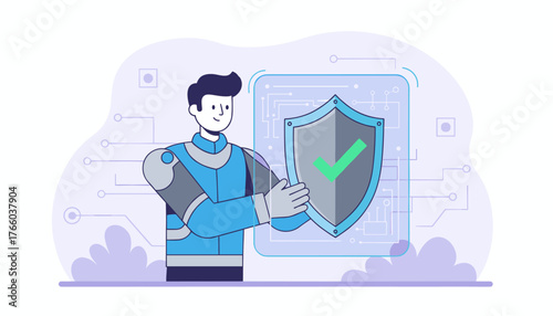 A friendly cartoon-style robot character is presenting a digital shield with a green checkmark, symbolizing security, protection, and verification in a technological context, against a light purple