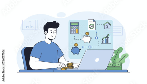 Modern flat illustration of a person managing finances online, featuring a laptop, calculator, piggy banks, coins, growing charts, and a house icon, symbolizing personal loans and financial planning